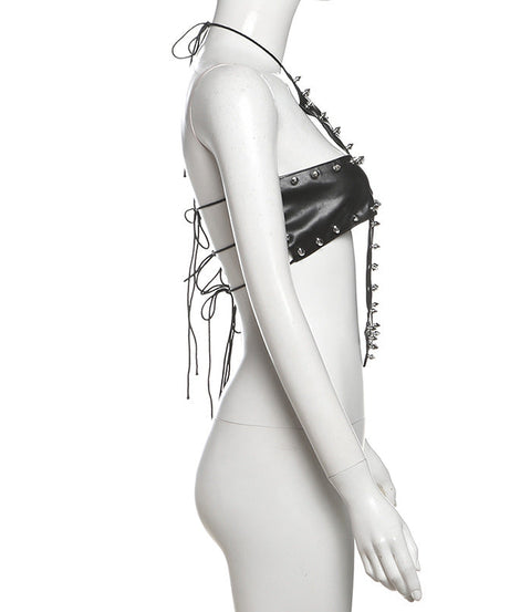 Edgy Spiked Faux Leather Cross Halter Top - Halloween Ready & Rave Approved