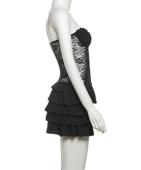 Gothic Lace Corset Ruffle Mini Dress - Strapless Sweetheart Halloween Party & Clubwear