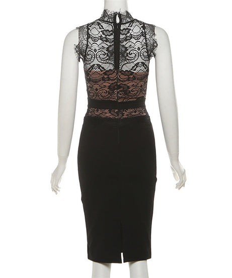 Alluring Black Lace Illusion Midi Dress - Your Go-To for Fall & Holiday Parties