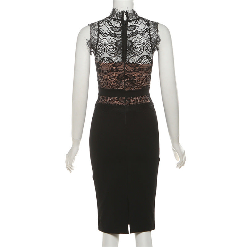 Alluring Black Lace Illusion Midi Dress - Your Go-To for Fall & Holiday Parties