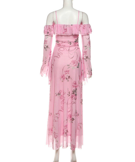Romantic Pink Rose Floral Off-Shoulder Maxi Dress with Ethereal Bell Sleeves | Resort Ready & Special Occasion Perfect