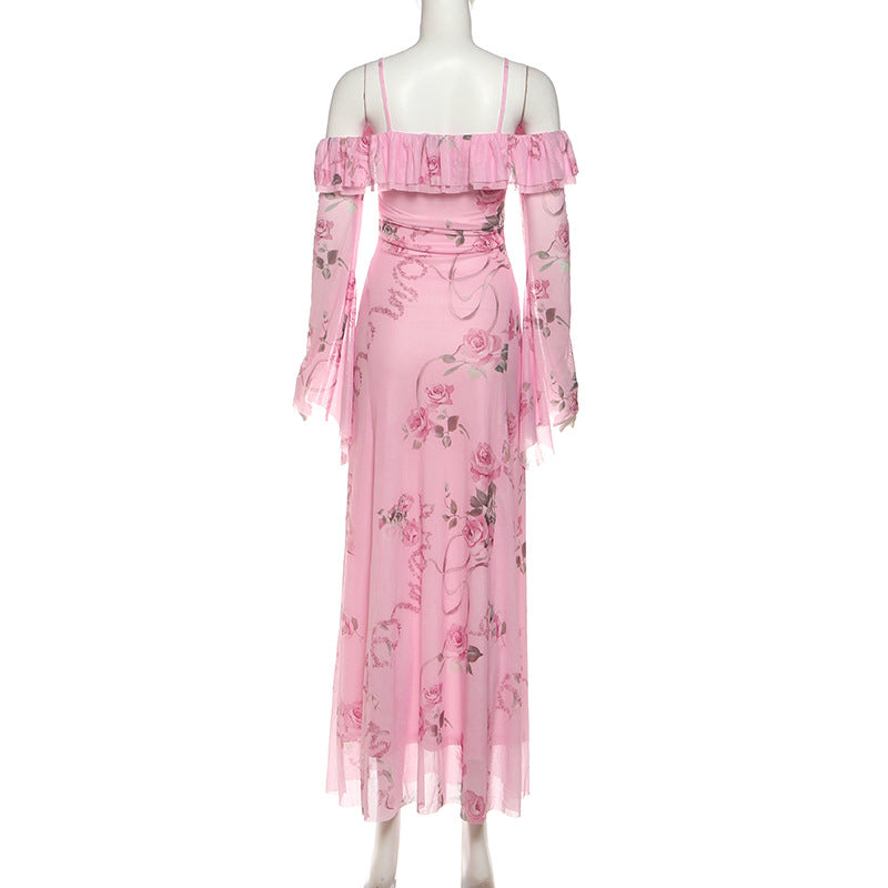 Romantic Pink Rose Floral Off-Shoulder Maxi Dress with Ethereal Bell Sleeves | Resort Ready & Special Occasion Perfect