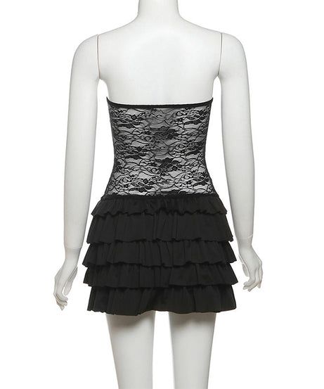 Gothic Lace Corset Ruffle Mini Dress - Strapless Sweetheart Halloween Party & Clubwear
