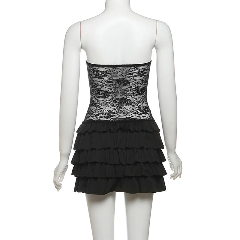 Gothic Lace Corset Ruffle Mini Dress - Strapless Sweetheart Halloween Party & Clubwear