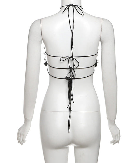 Edgy Spiked Faux Leather Cross Halter Top - Halloween Ready & Rave Approved