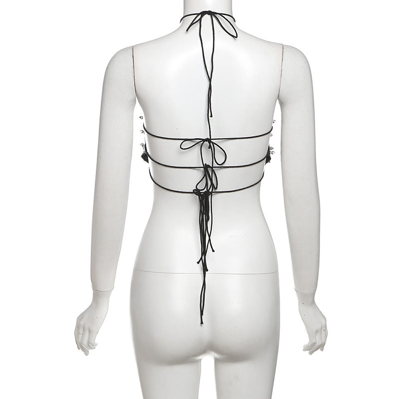 Edgy Spiked Faux Leather Cross Halter Top - Halloween Ready & Rave Approved