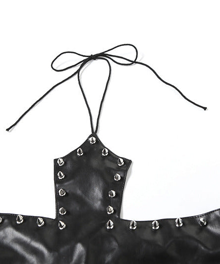 Edgy Spiked Faux Leather Cross Halter Top - Halloween Ready & Rave Approved
