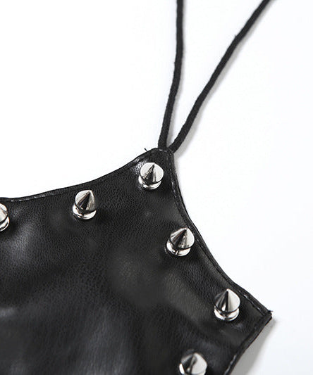 Edgy Spiked Faux Leather Cross Halter Top - Halloween Ready & Rave Approved