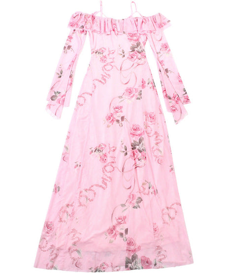 Romantic Pink Rose Floral Off-Shoulder Maxi Dress with Ethereal Bell Sleeves | Resort Ready & Special Occasion Perfect