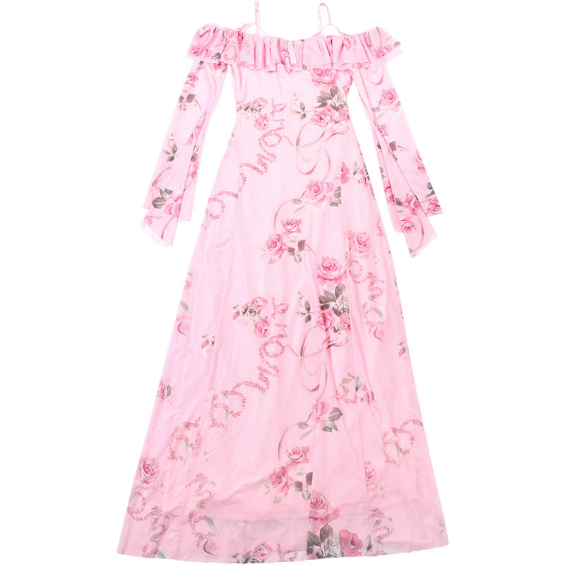 Romantic Pink Rose Floral Off-Shoulder Maxi Dress with Ethereal Bell Sleeves | Resort Ready & Special Occasion Perfect