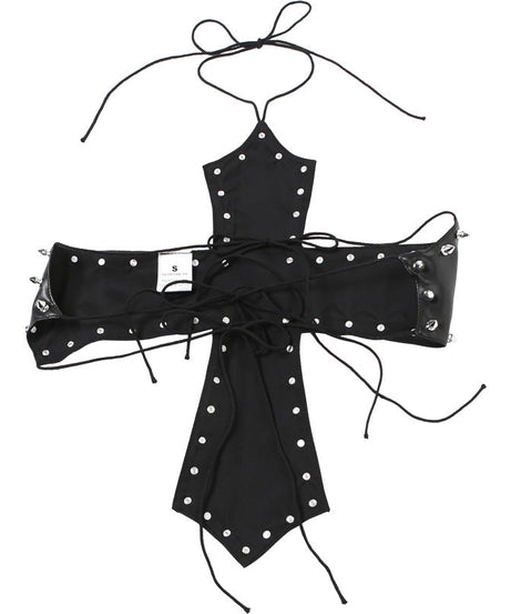 Edgy Spiked Faux Leather Cross Halter Top - Halloween Ready & Rave Approved