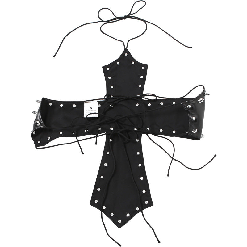 Edgy Spiked Faux Leather Cross Halter Top - Halloween Ready & Rave Approved