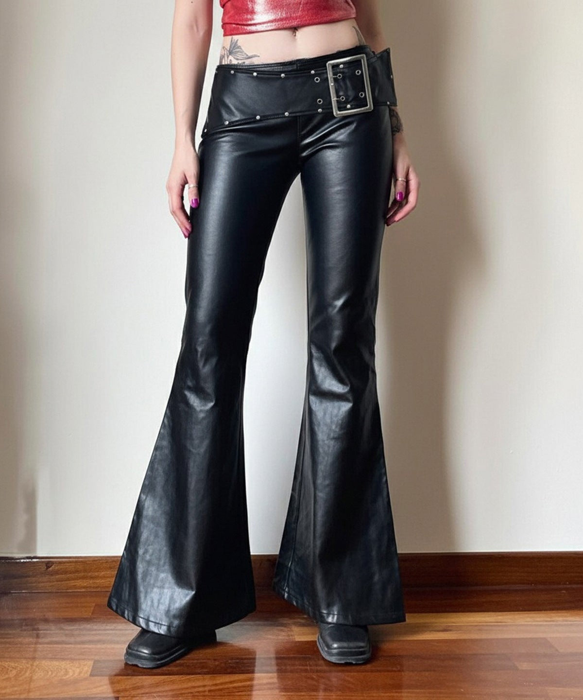 Y2K Glam Low Rise Faux Leather Flare Pants with Statement Buckle - Fall & Holiday Ready