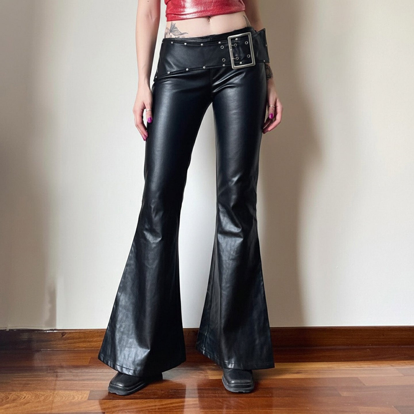 Y2K Glam Low Rise Faux Leather Flare Pants with Statement Buckle - Fall & Holiday Ready