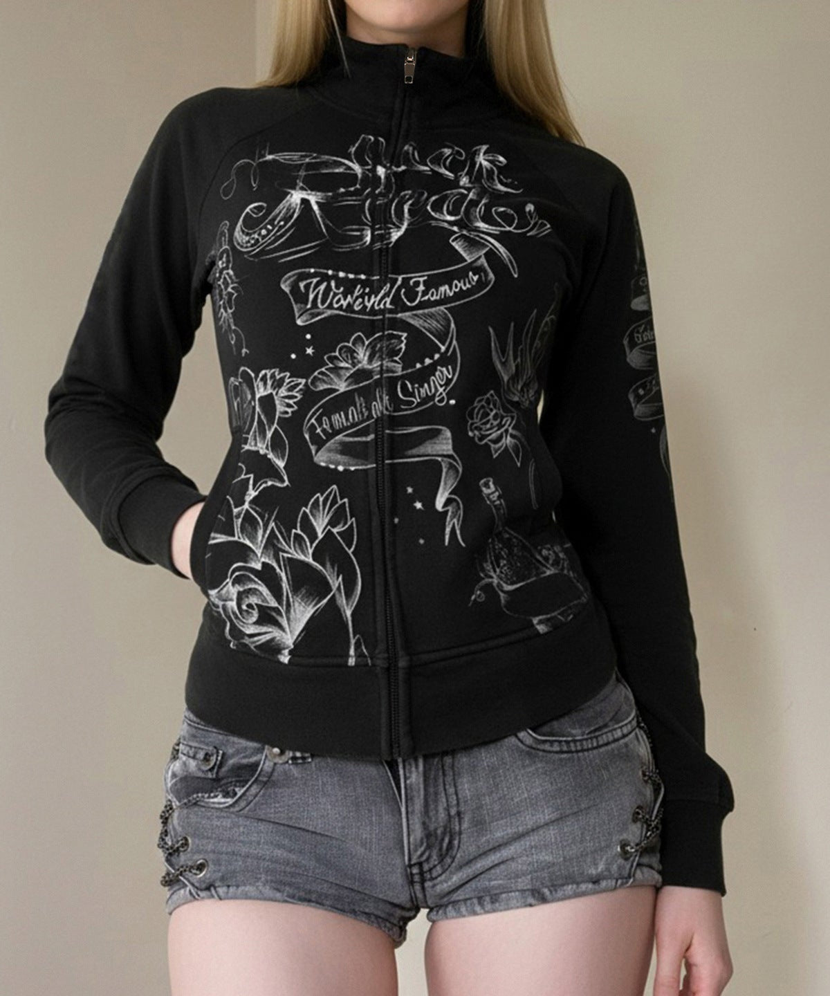 Women's 'World Famous' Tattoo Art Graphic Zip-Up Jacket - Edgy Fall Street Style