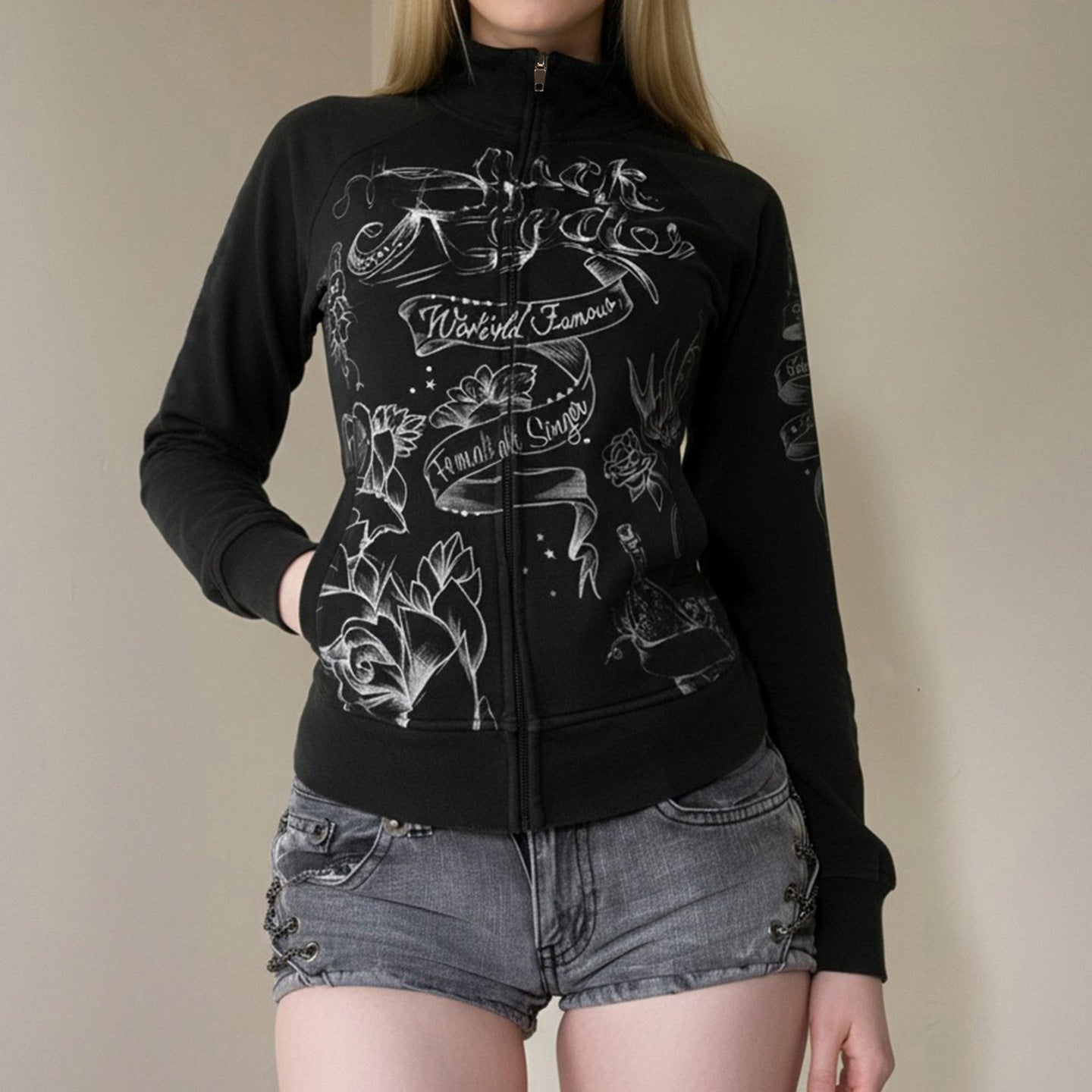 Women's 'World Famous' Tattoo Art Graphic Zip-Up Jacket - Edgy Fall Street Style