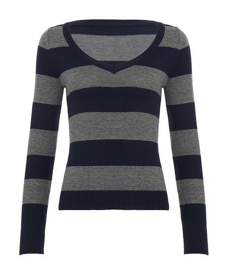 Cozy Chic Fall Vibes: Women's Striped V-Neck Long Sleeve Top | Navy & Grey Comfort Knit