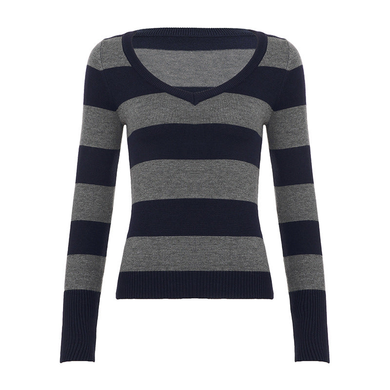 Cozy Chic Fall Vibes: Women's Striped V-Neck Long Sleeve Top | Navy & Grey Comfort Knit