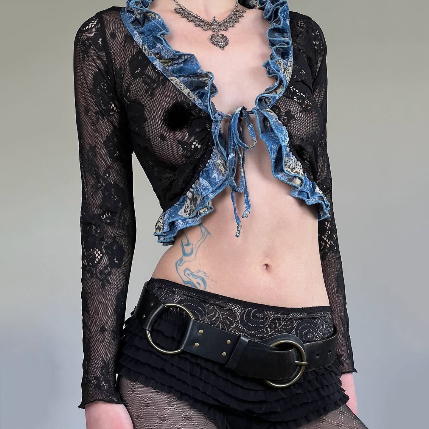 Y2K Gothic Sheer Lace Tie-Front Crop Top - Ruffle Long Sleeve Fall Fashion