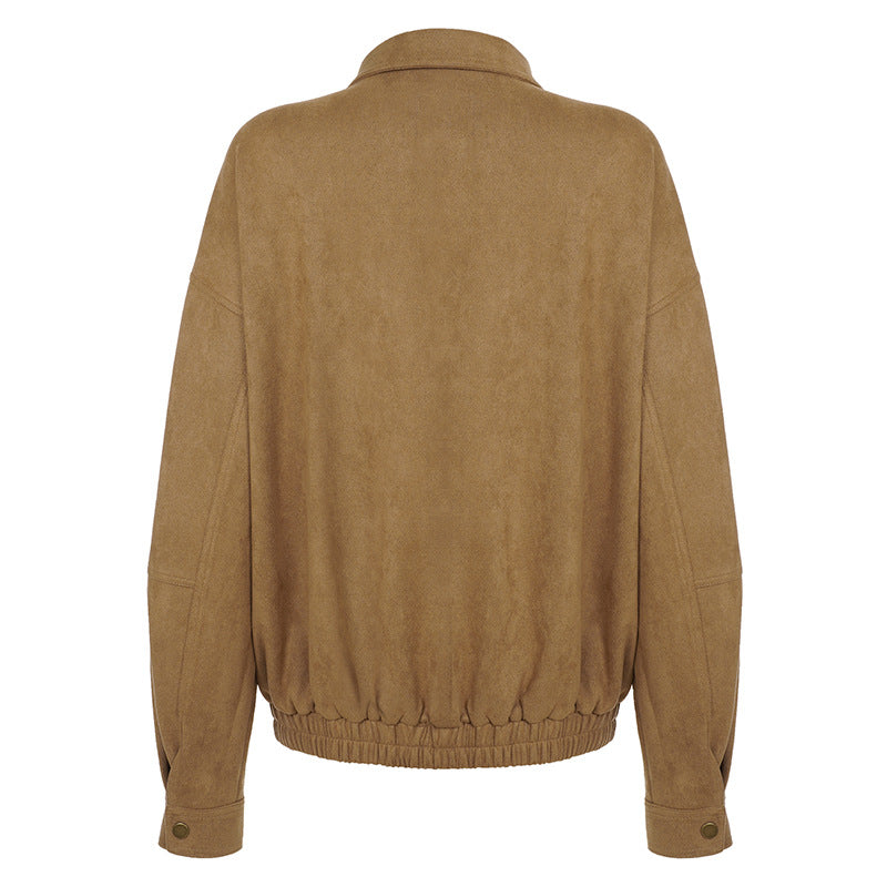 Women's Effortless Faux Suede Fall Bomber Jacket - Chic Tan Outerwear