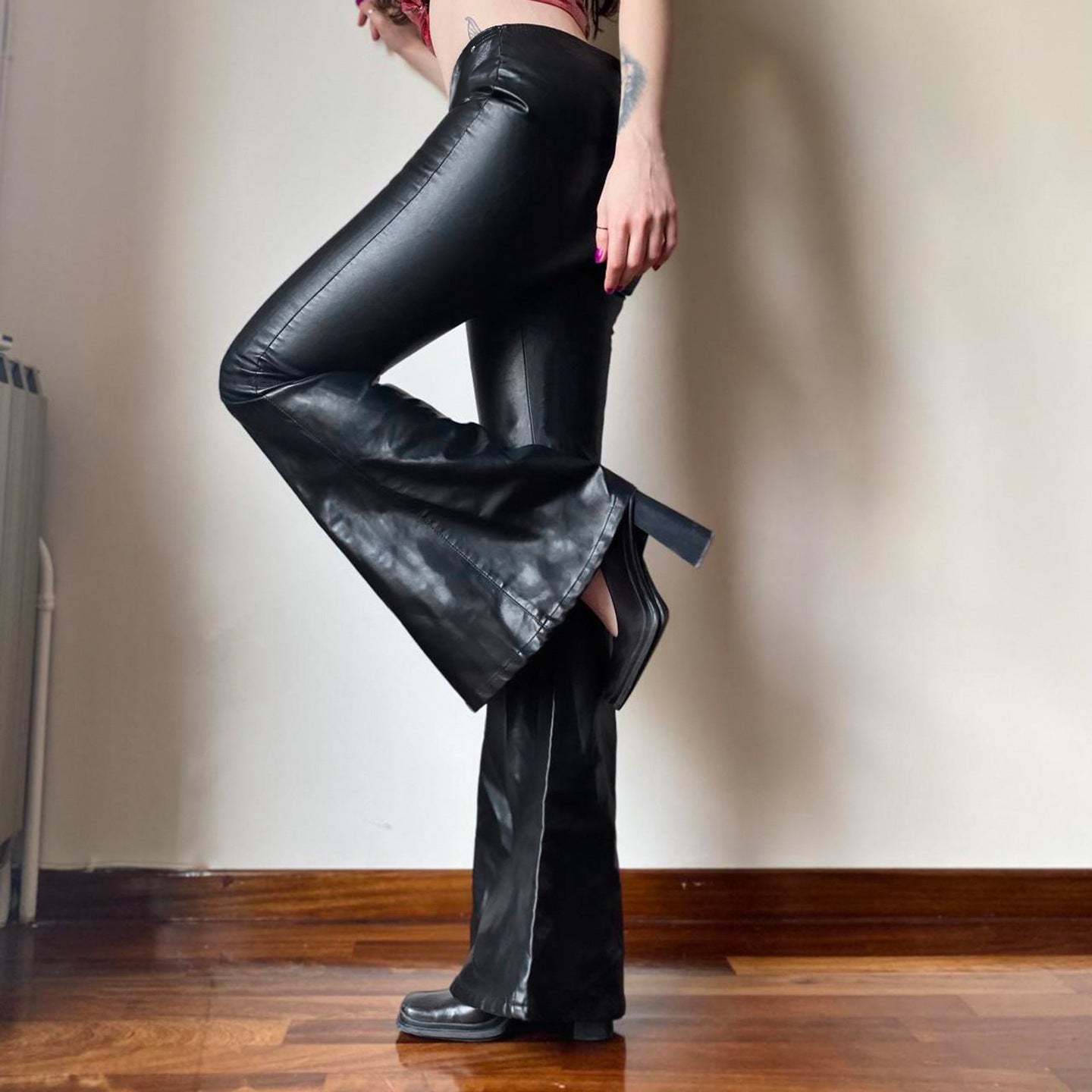 Y2K Glam Low Rise Faux Leather Flare Pants with Statement Buckle - Fall & Holiday Ready