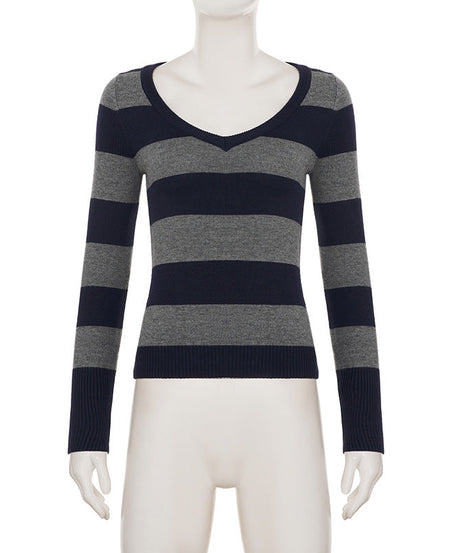 Cozy Chic Fall Vibes: Women's Striped V-Neck Long Sleeve Top | Navy & Grey Comfort Knit