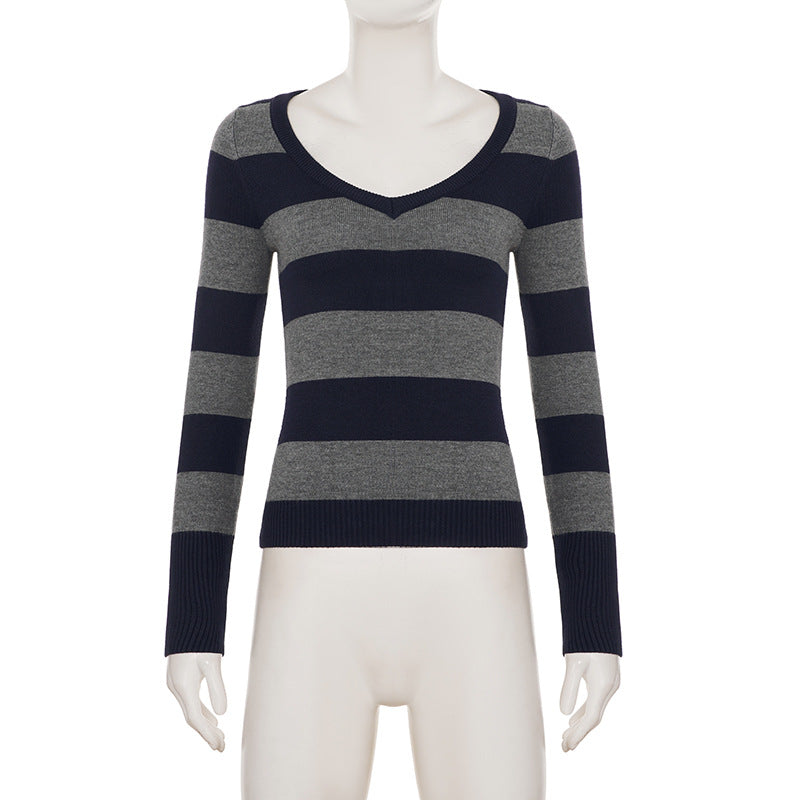 Cozy Chic Fall Vibes: Women's Striped V-Neck Long Sleeve Top | Navy & Grey Comfort Knit