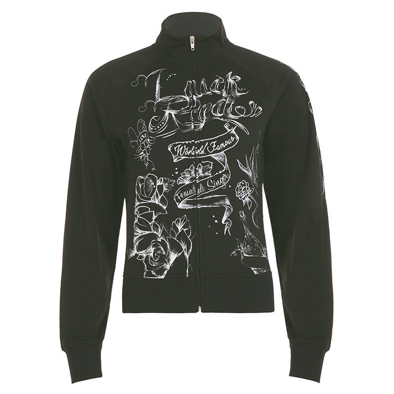 Women's 'World Famous' Tattoo Art Graphic Zip-Up Jacket - Edgy Fall Street Style