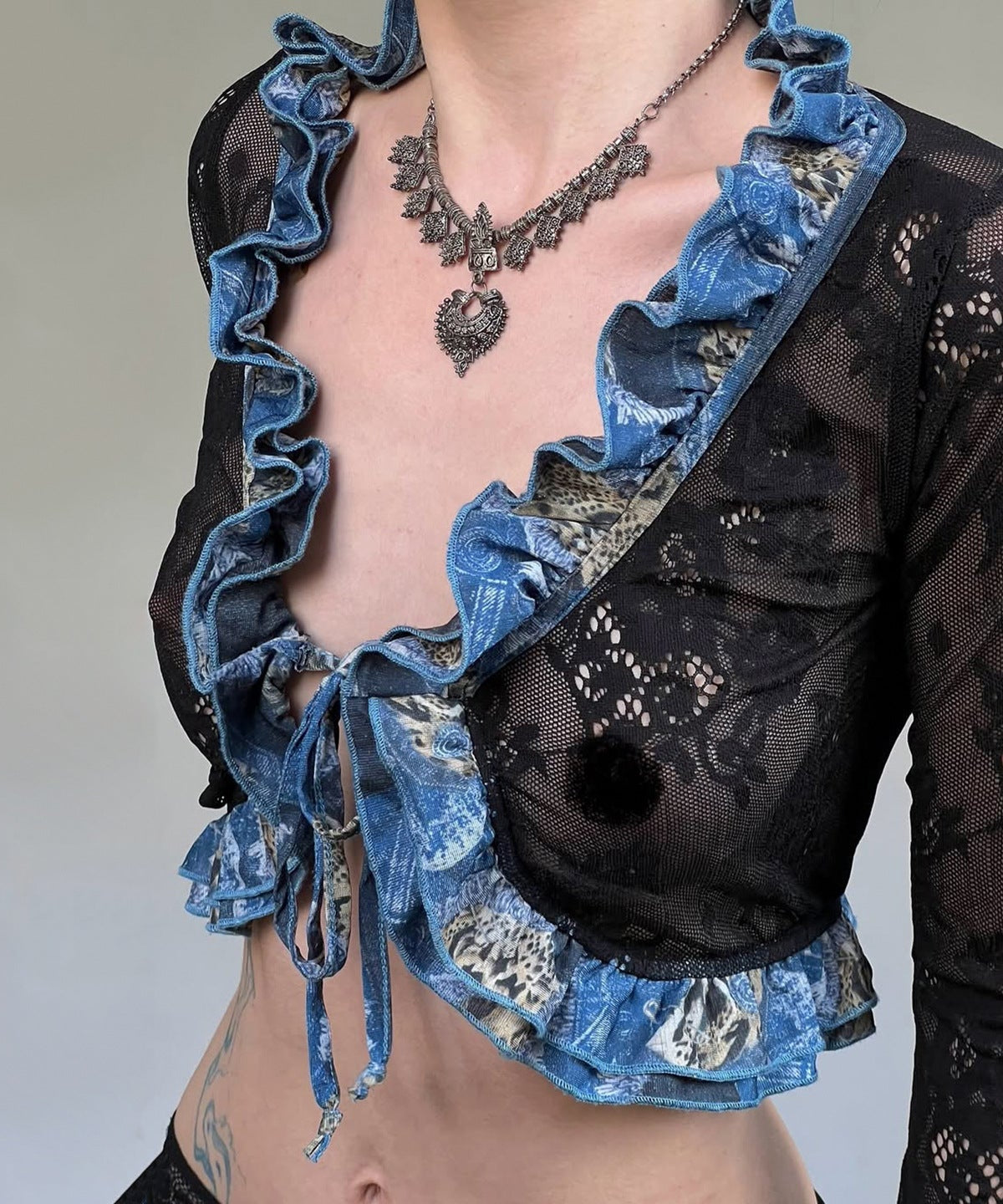 Y2K Gothic Sheer Lace Tie-Front Crop Top - Ruffle Long Sleeve Fall Fashion