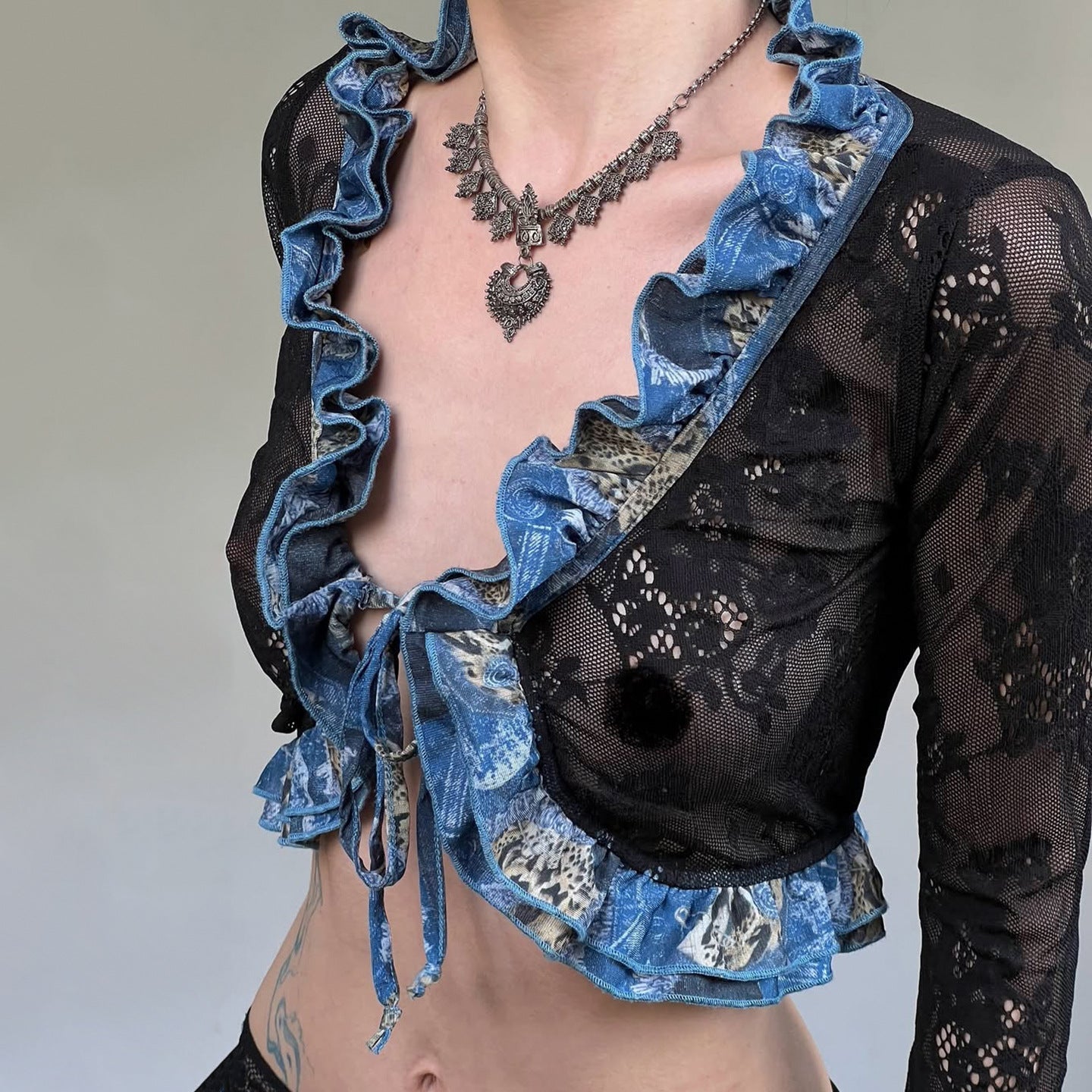 Y2K Gothic Sheer Lace Tie-Front Crop Top - Ruffle Long Sleeve Fall Fashion