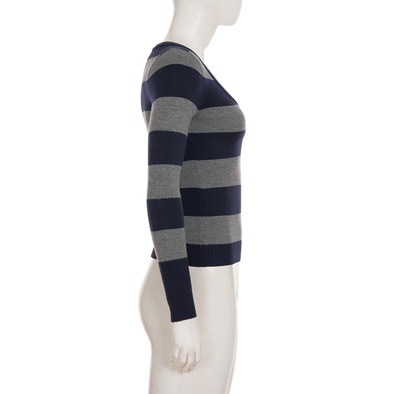 Cozy Chic Fall Vibes: Women's Striped V-Neck Long Sleeve Top | Navy & Grey Comfort Knit