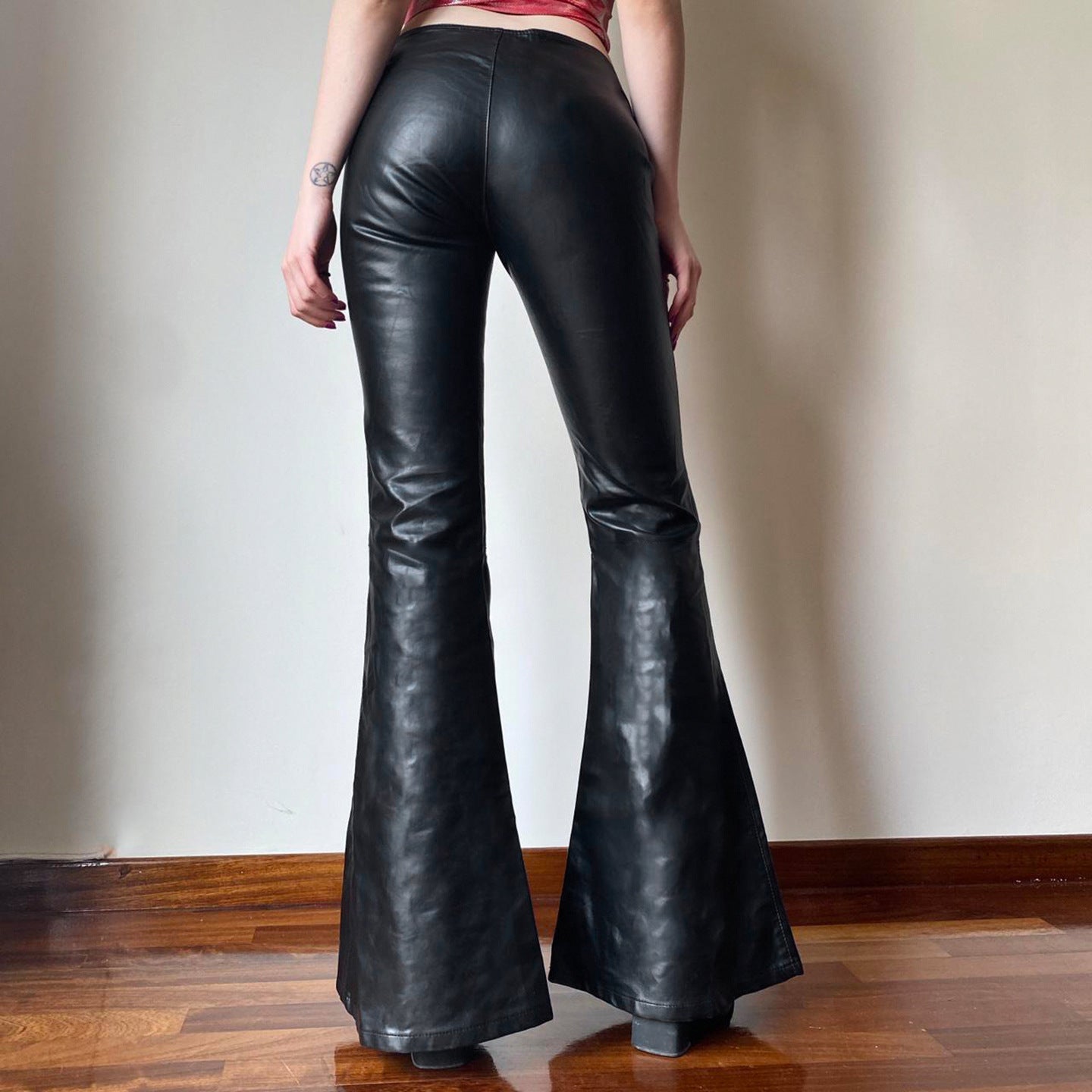Y2K Glam Low Rise Faux Leather Flare Pants with Statement Buckle - Fall & Holiday Ready
