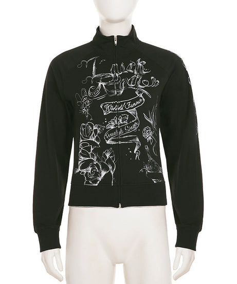 Women's 'World Famous' Tattoo Art Graphic Zip-Up Jacket - Edgy Fall Street Style