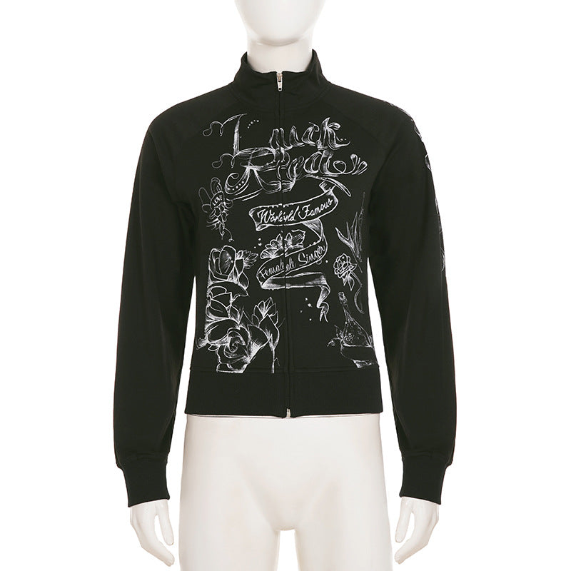 Women's 'World Famous' Tattoo Art Graphic Zip-Up Jacket - Edgy Fall Street Style