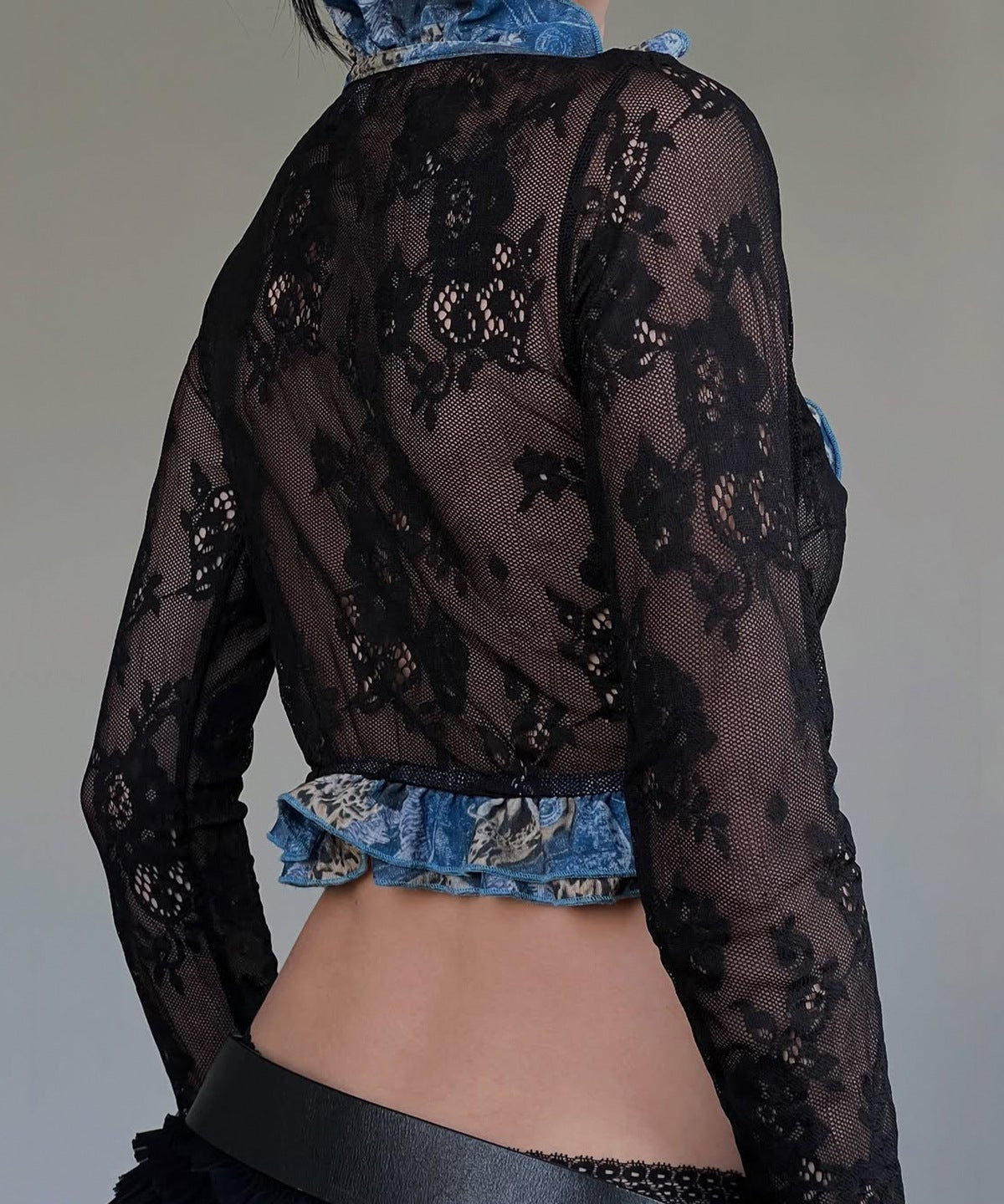 Y2K Gothic Sheer Lace Tie-Front Crop Top - Ruffle Long Sleeve Fall Fashion