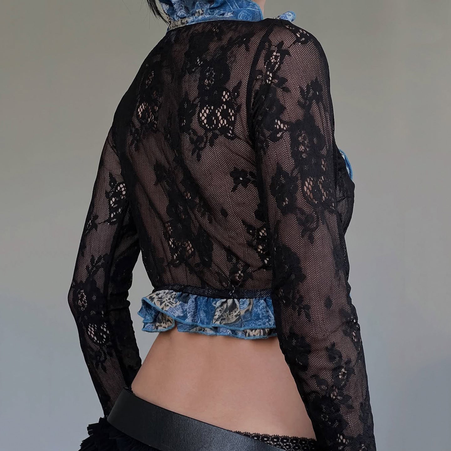 Y2K Gothic Sheer Lace Tie-Front Crop Top - Ruffle Long Sleeve Fall Fashion