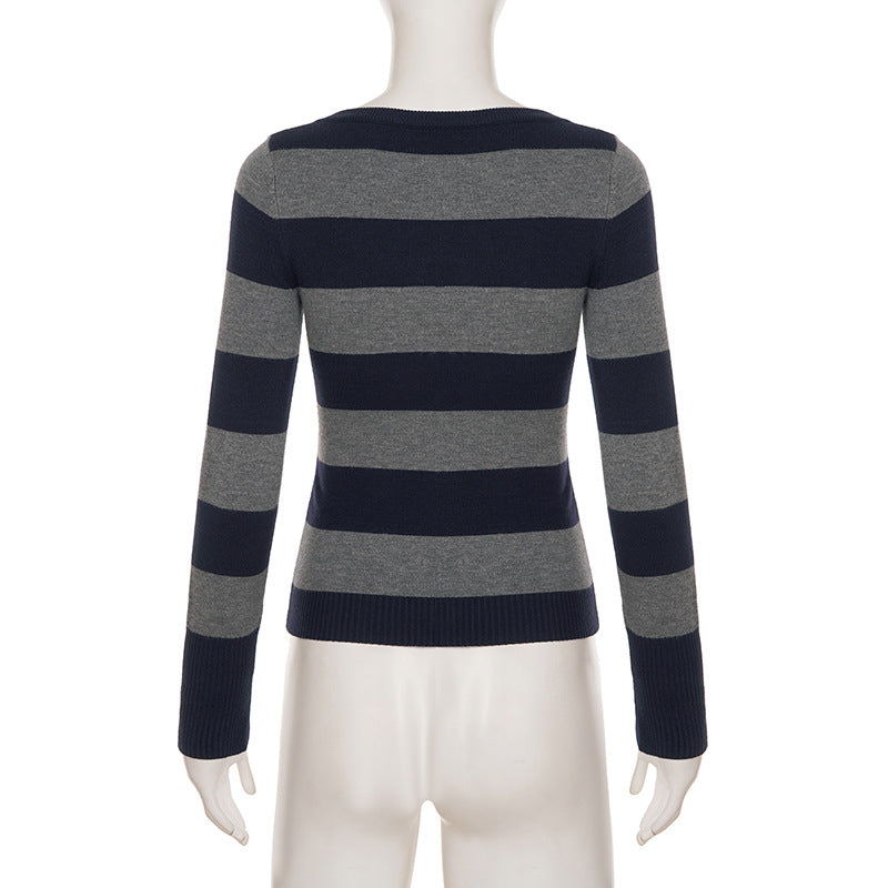 Cozy Chic Fall Vibes: Women's Striped V-Neck Long Sleeve Top | Navy & Grey Comfort Knit