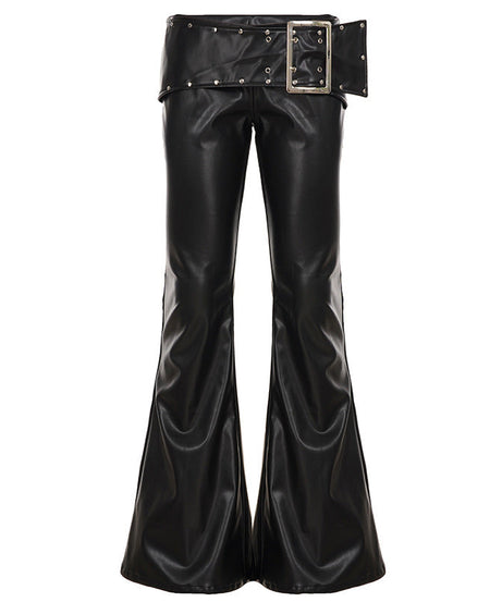 Y2K Glam Low Rise Faux Leather Flare Pants with Statement Buckle - Fall & Holiday Ready