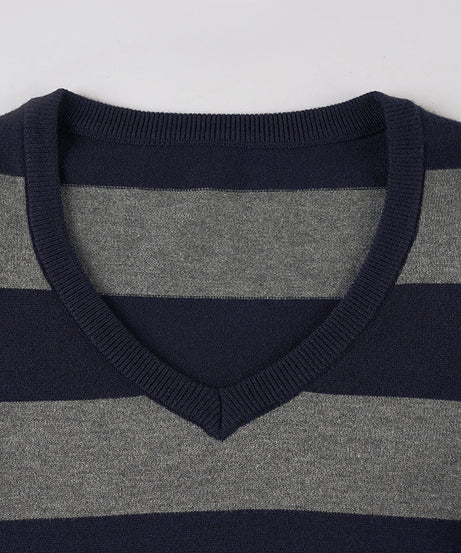 Cozy Chic Fall Vibes: Women's Striped V-Neck Long Sleeve Top | Navy & Grey Comfort Knit