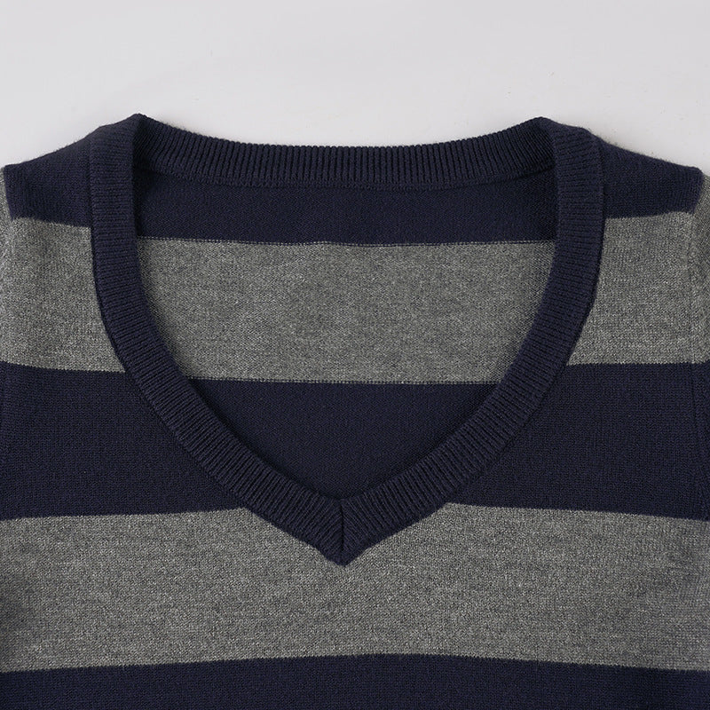 Cozy Chic Fall Vibes: Women's Striped V-Neck Long Sleeve Top | Navy & Grey Comfort Knit