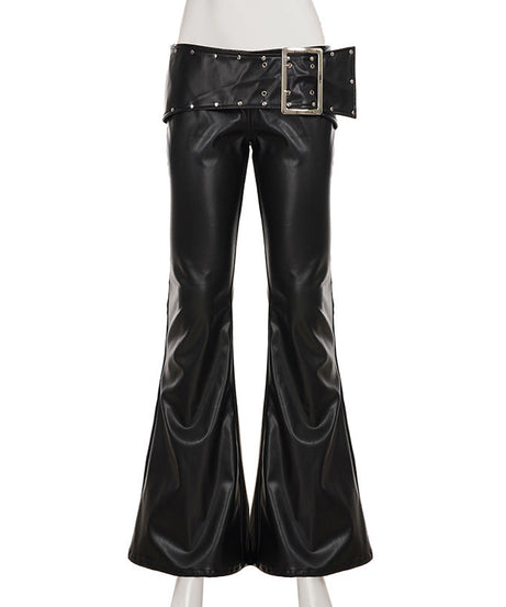 Y2K Glam Low Rise Faux Leather Flare Pants with Statement Buckle - Fall & Holiday Ready