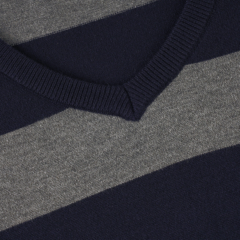 Cozy Chic Fall Vibes: Women's Striped V-Neck Long Sleeve Top | Navy & Grey Comfort Knit