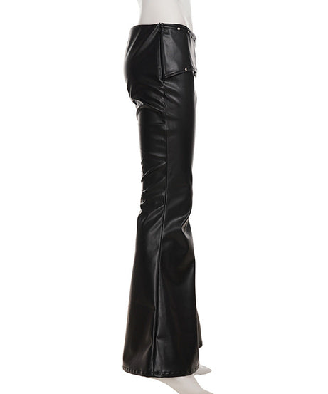 Y2K Glam Low Rise Faux Leather Flare Pants with Statement Buckle - Fall & Holiday Ready