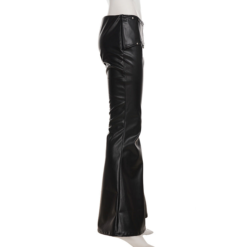 Y2K Glam Low Rise Faux Leather Flare Pants with Statement Buckle - Fall & Holiday Ready