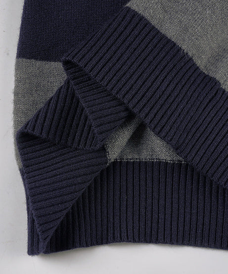 Cozy Chic Fall Vibes: Women's Striped V-Neck Long Sleeve Top | Navy & Grey Comfort Knit