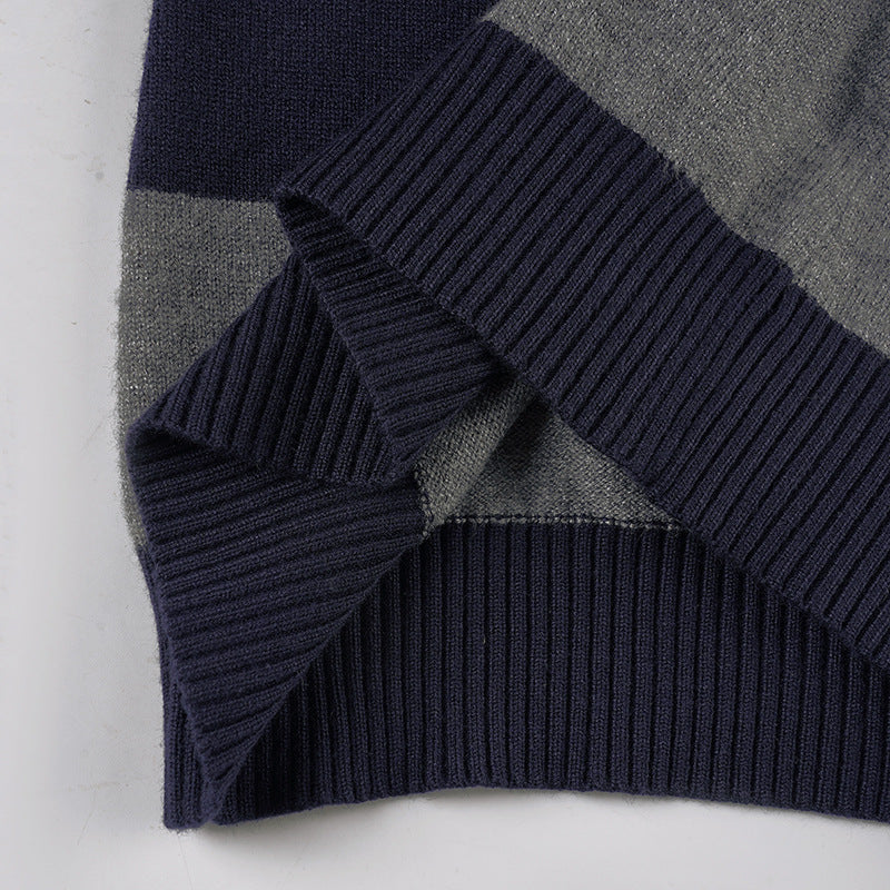 Cozy Chic Fall Vibes: Women's Striped V-Neck Long Sleeve Top | Navy & Grey Comfort Knit