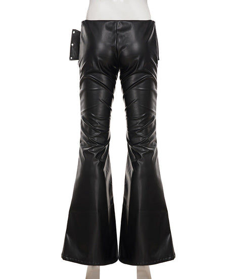 Y2K Glam Low Rise Faux Leather Flare Pants with Statement Buckle - Fall & Holiday Ready