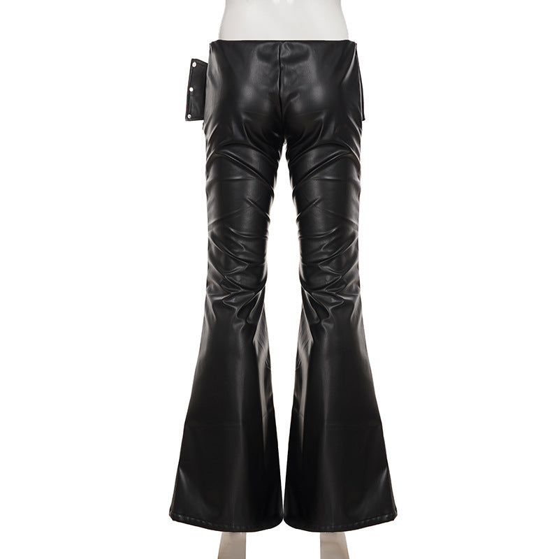 Y2K Glam Low Rise Faux Leather Flare Pants with Statement Buckle - Fall & Holiday Ready