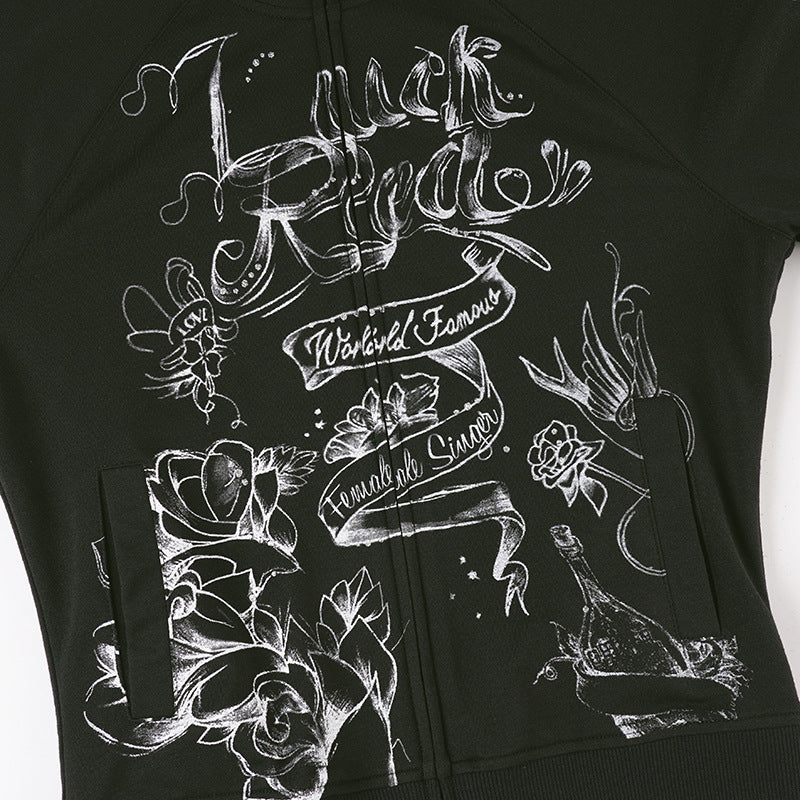 Women's 'World Famous' Tattoo Art Graphic Zip-Up Jacket - Edgy Fall Street Style