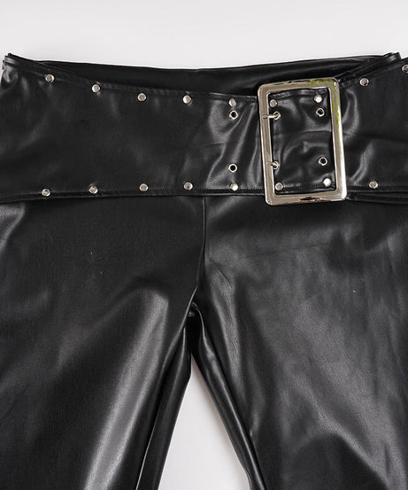 Y2K Glam Low Rise Faux Leather Flare Pants with Statement Buckle - Fall & Holiday Ready